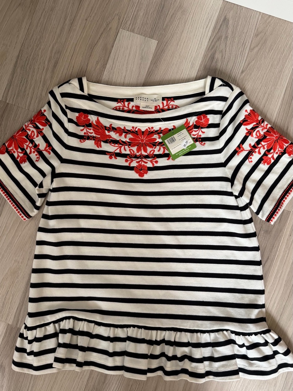 kate spade Black & White Striped Top with Red Floral Embroidery